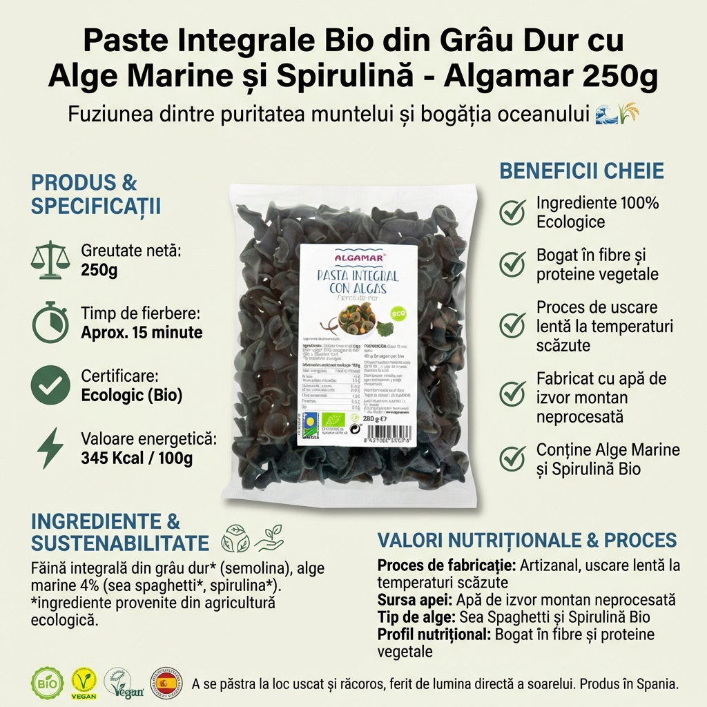 Paste Integrale Bio din Grâu Dur cu Alge Marine și Spirulină - Algamar 250g 4