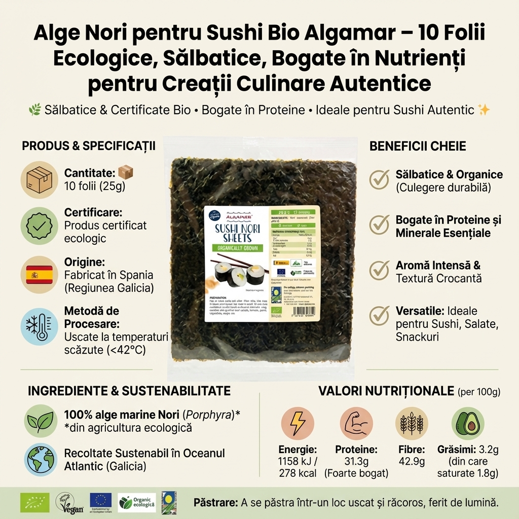 Alge Nori pentru Sushi Bio Algamar – 10 Folii Ecologice, Sălbatice, Bogate în Nutrienți pentru Creații Culinare Autentice 4