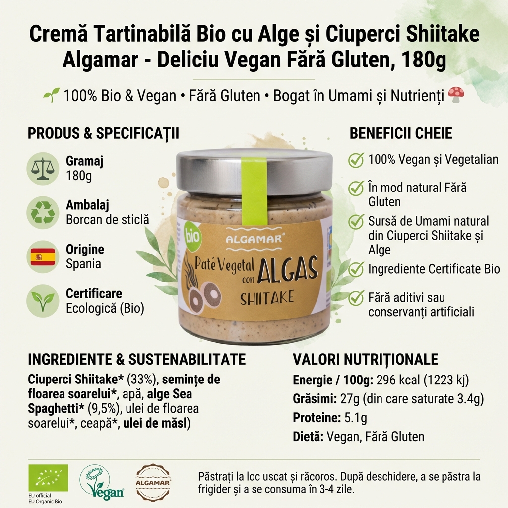 Cremă Tartinabilă Bio cu Alge și Ciuperci Shiitake Algamar - Deliciu Vegan Fără Gluten, 180g 4
