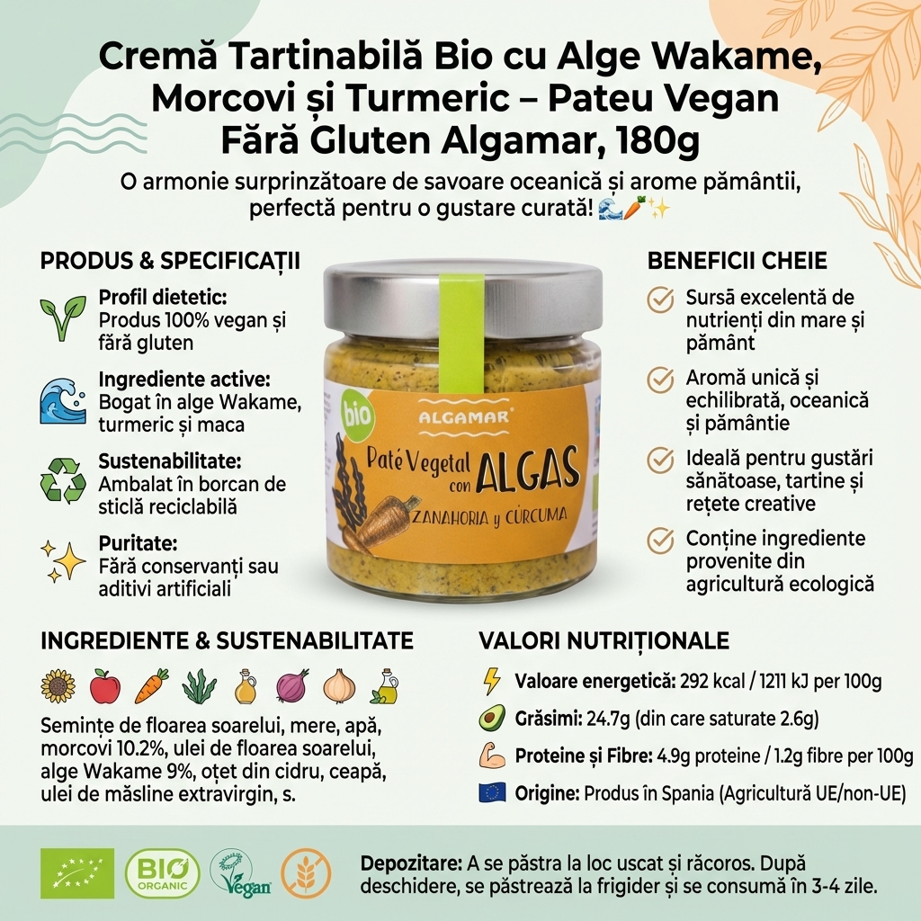 Cremă Tartinabilă Bio cu Alge Wakame, Morcovi și Turmeric – Pateu Vegan Fără Gluten Algamar, 180g 4