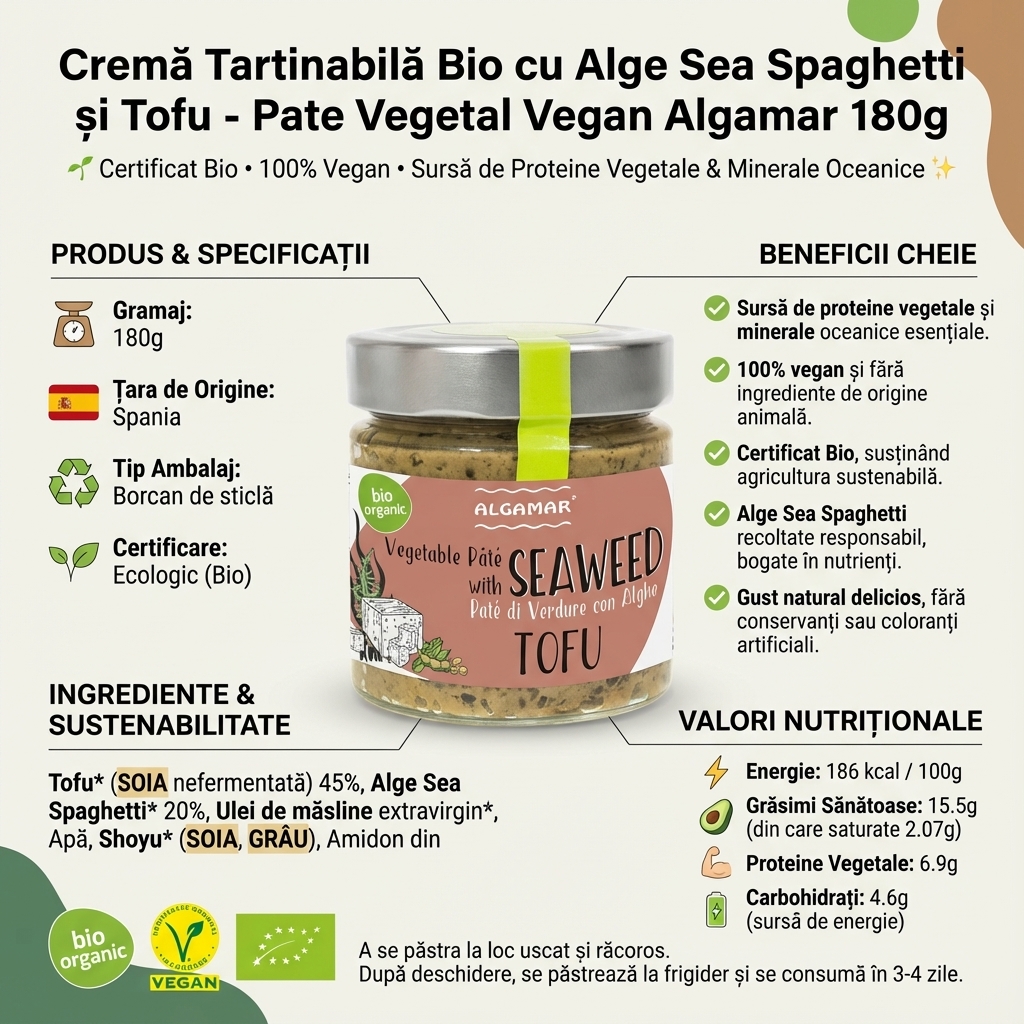 Cremă Tartinabilă Bio cu Alge Sea Spaghetti și Tofu - Pate Vegetal Vegan Algamar 180g 4
