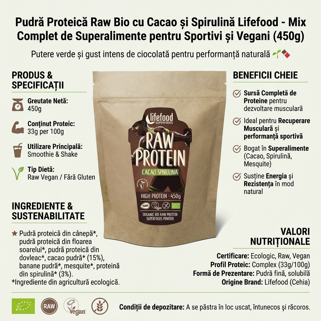 Pudră Proteică Raw Bio cu Cacao și Spirulină Lifefood - Mix Complet de Superalimente pentru Sportivi și Vegani (450g) 4