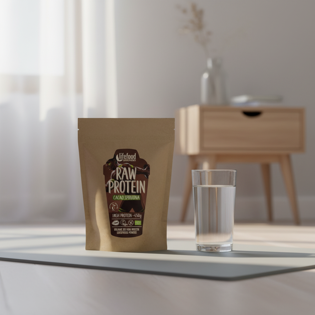 Pudră Proteică Raw Bio cu Cacao și Spirulină Lifefood - Mix Complet de Superalimente pentru Sportivi și Vegani (450g)