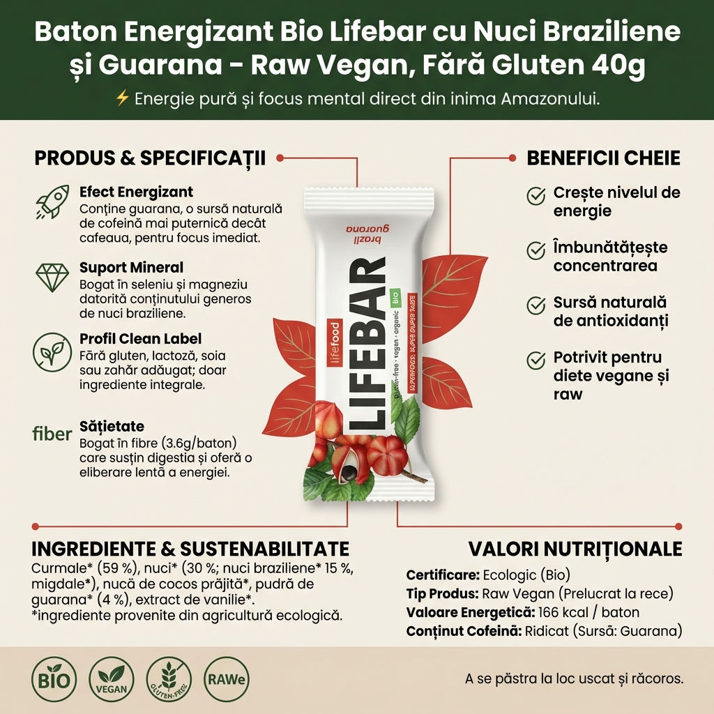 Baton Energizant Bio Lifebar cu Nuci Braziliene și Guarana – Raw Vegan, Fără Gluten 40g 4