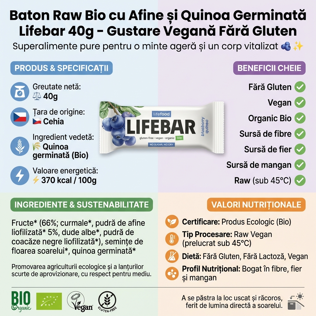 Baton Raw Bio cu Afine și Quinoa Germinată Lifebar 40g - Gustare Vegană Fără Gluten 4