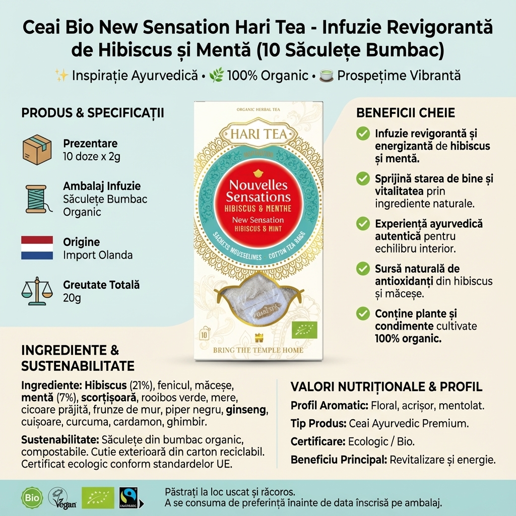 Ceai Bio New Sensation Hari Tea - Infuzie Revigorantă de Hibiscus și Mentă (10 Săculețe Bumbac) 4
