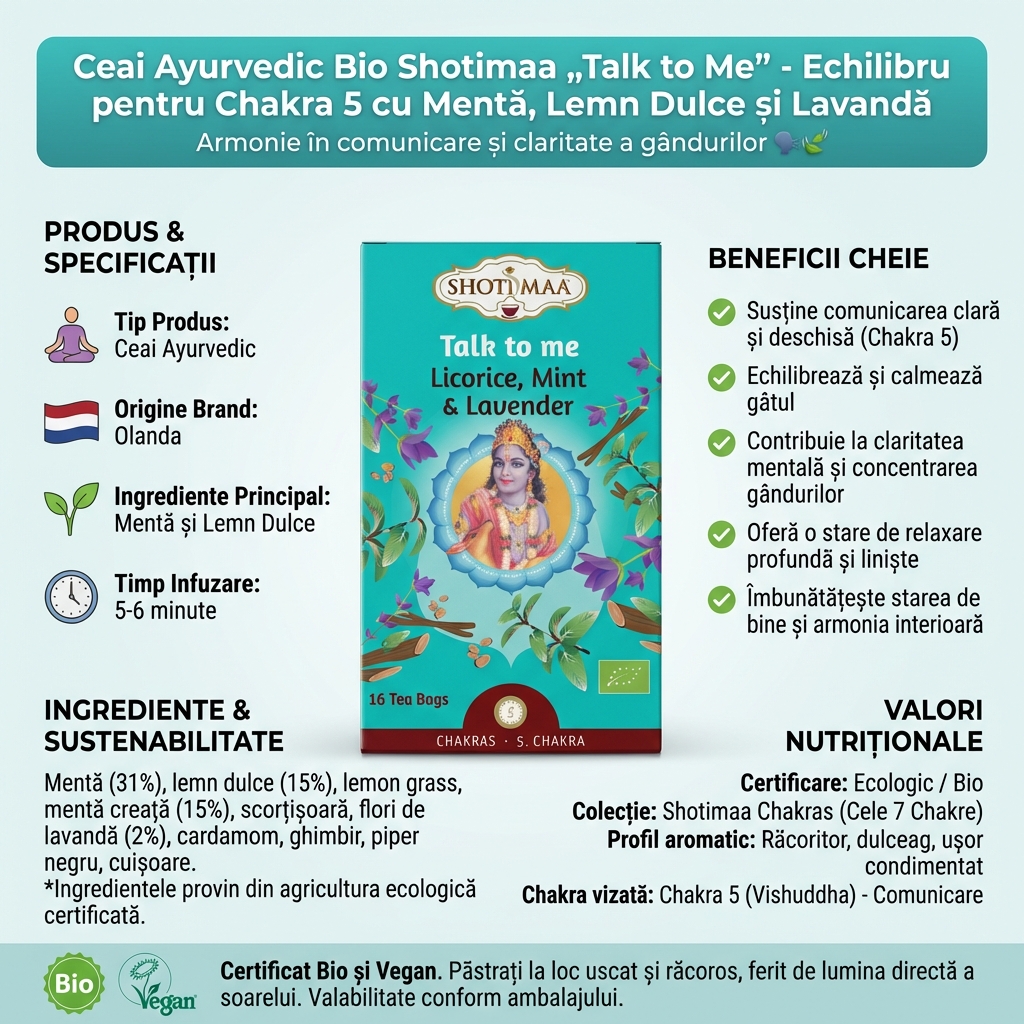 Ceai Ayurvedic Bio Shotimaa „Talk to Me” - Echilibru pentru Chakra 5 cu Mentă, Lemn Dulce și Lavandă 4