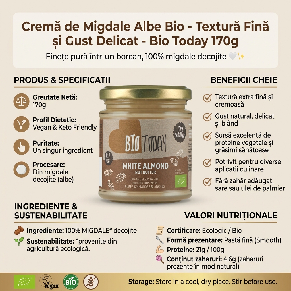 Cremă de Migdale Albe Bio - Textură Fină și Gust Delicat - Bio Today 170g 4