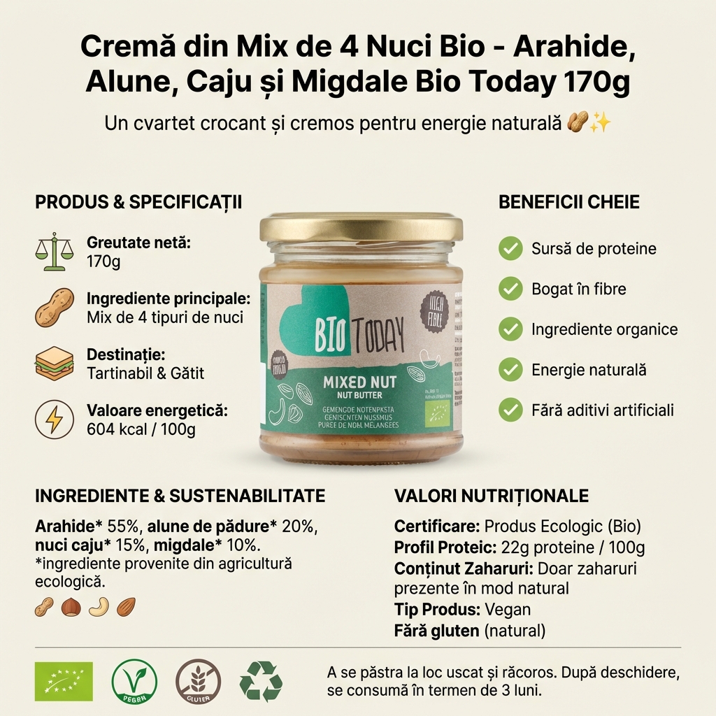 Cremă din Mix de 4 Nuci Bio - Arahide, Alune, Caju și Migdale Bio Today 170g 4