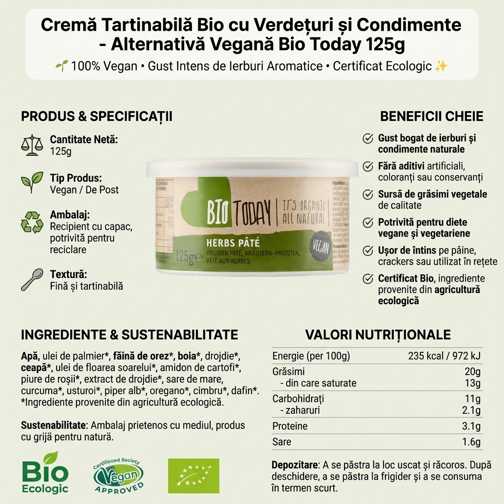 Cremă Tartinabilă Bio cu Verdețuri și Condimente - Alternativă Vegană Bio Today 125g 4
