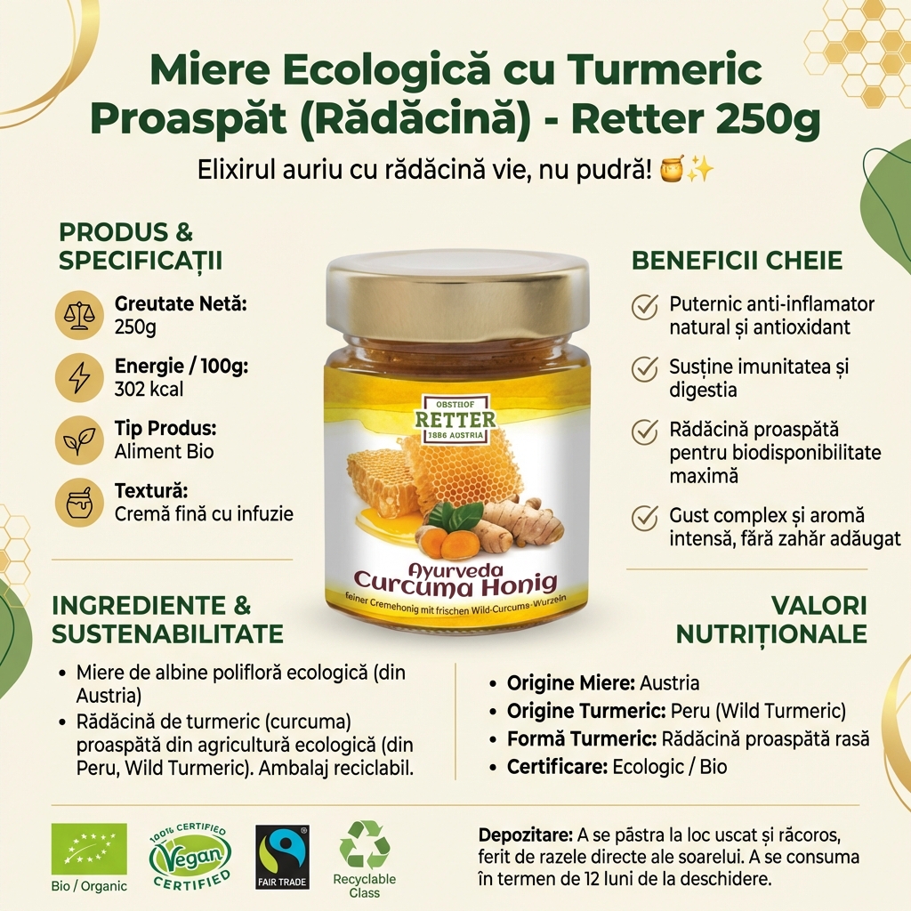 Miere Ecologică cu Turmeric Proaspăt (Rădăcină) - Retter 250g 4