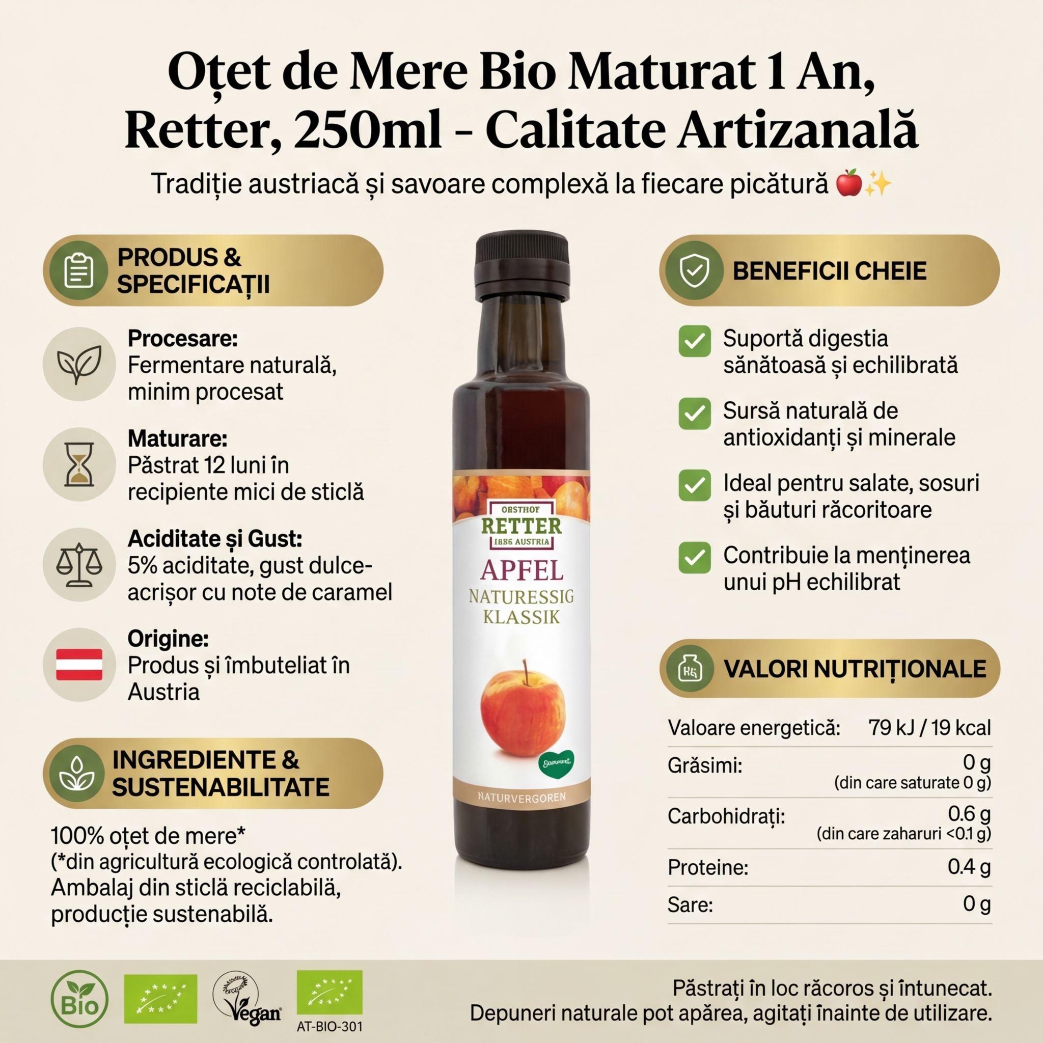 Oțet de Mere Bio Maturat 1 An, Retter, 250ml - Calitate Artizanală 4