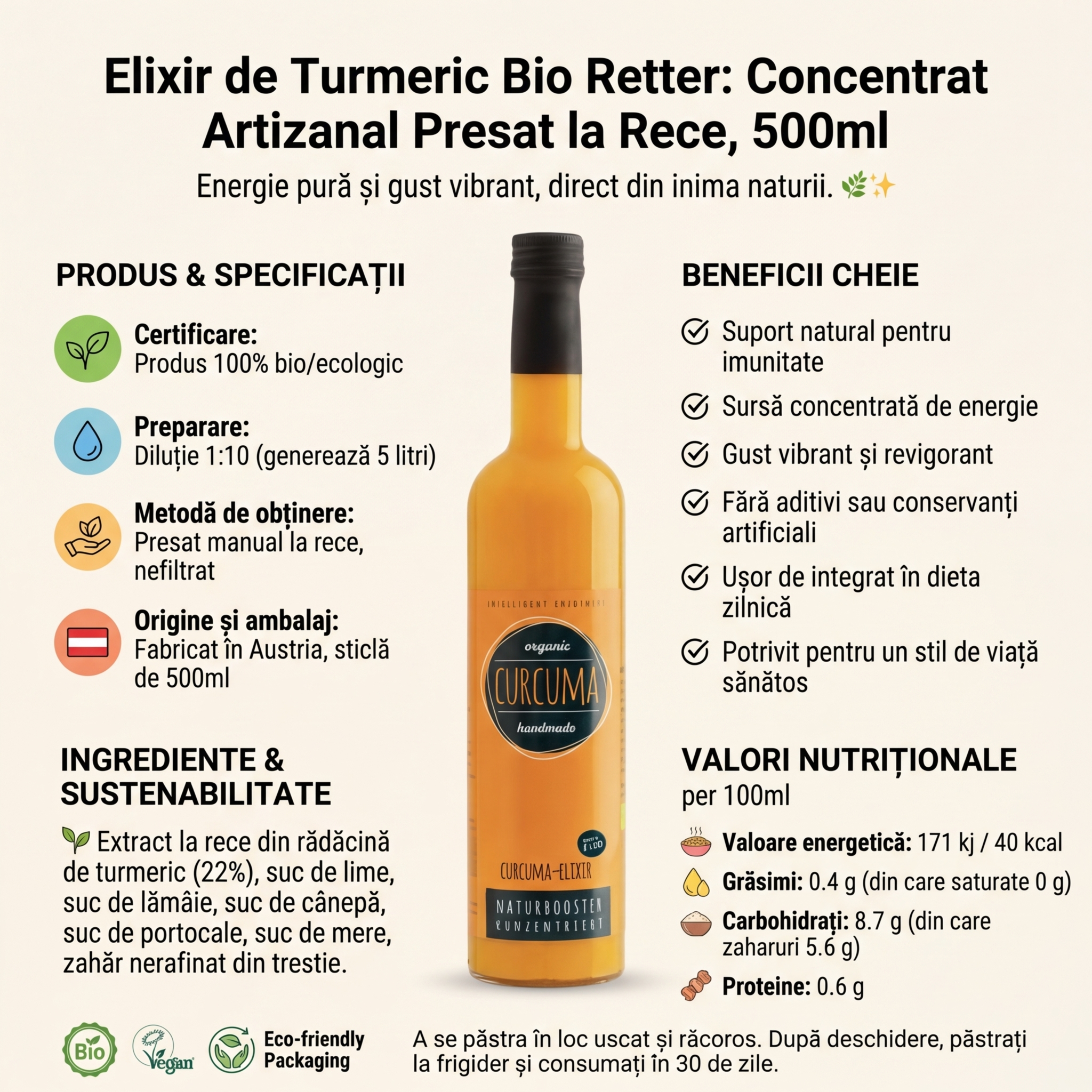 Elixir de Turmeric Bio Retter: Concentrat Artizanal Presat la Rece, 500ml 4