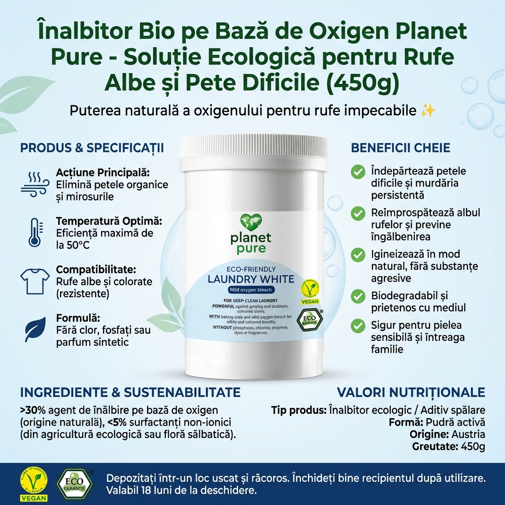 Înalbitor Bio pe Bază de Oxigen Planet Pure - Soluție Ecologică pentru Rufe Albe și Pete Dificile (450g) 4