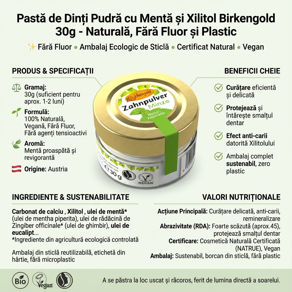 Pastă de Dinți Pudră cu Mentă și Xilitol: Îngrijire Naturală și Remineralizare - Birkengold 30g 4
