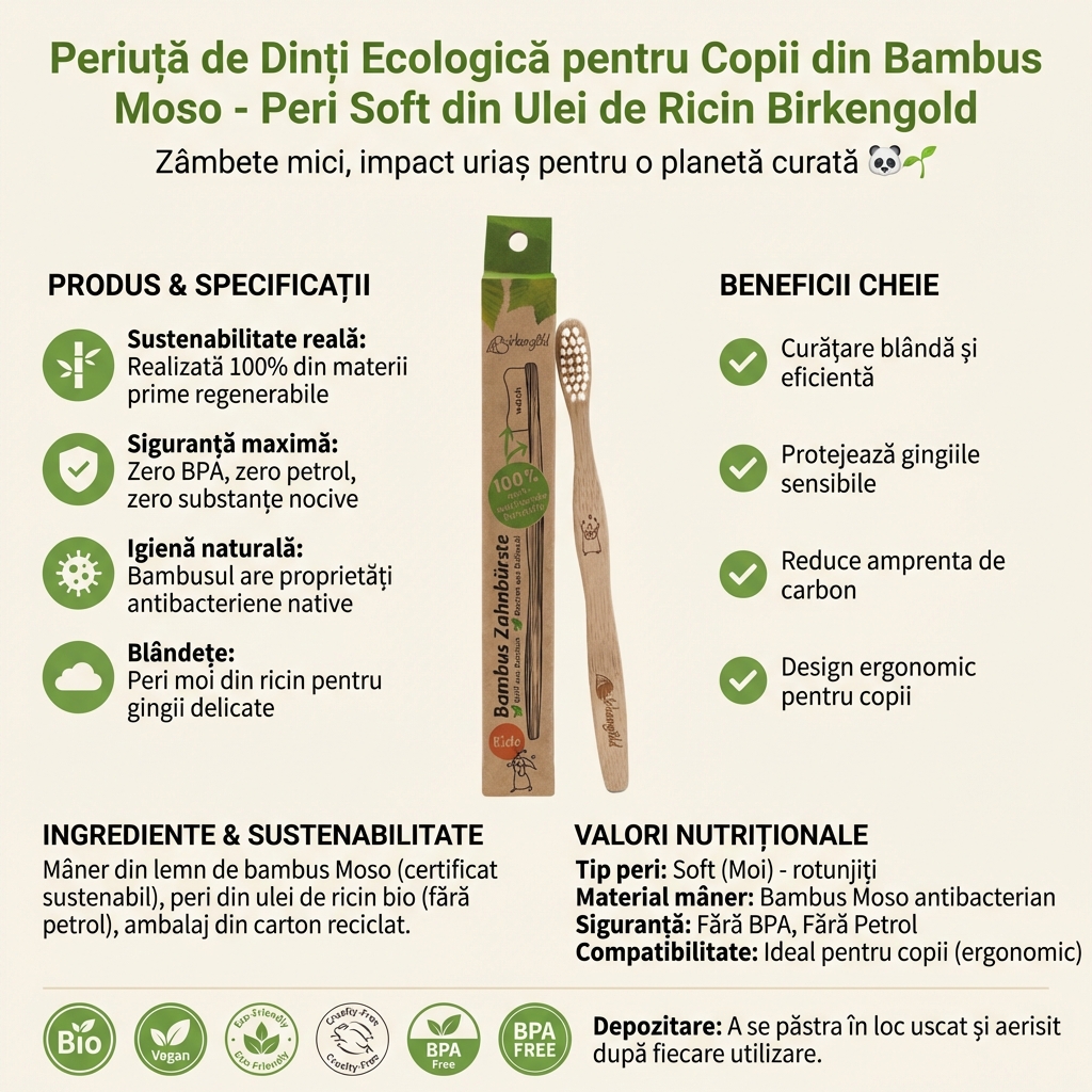 Periuță de Dinți Ecologică pentru Copii din Bambus Moso - Peri Soft din Ulei de Ricin Birkengold 4