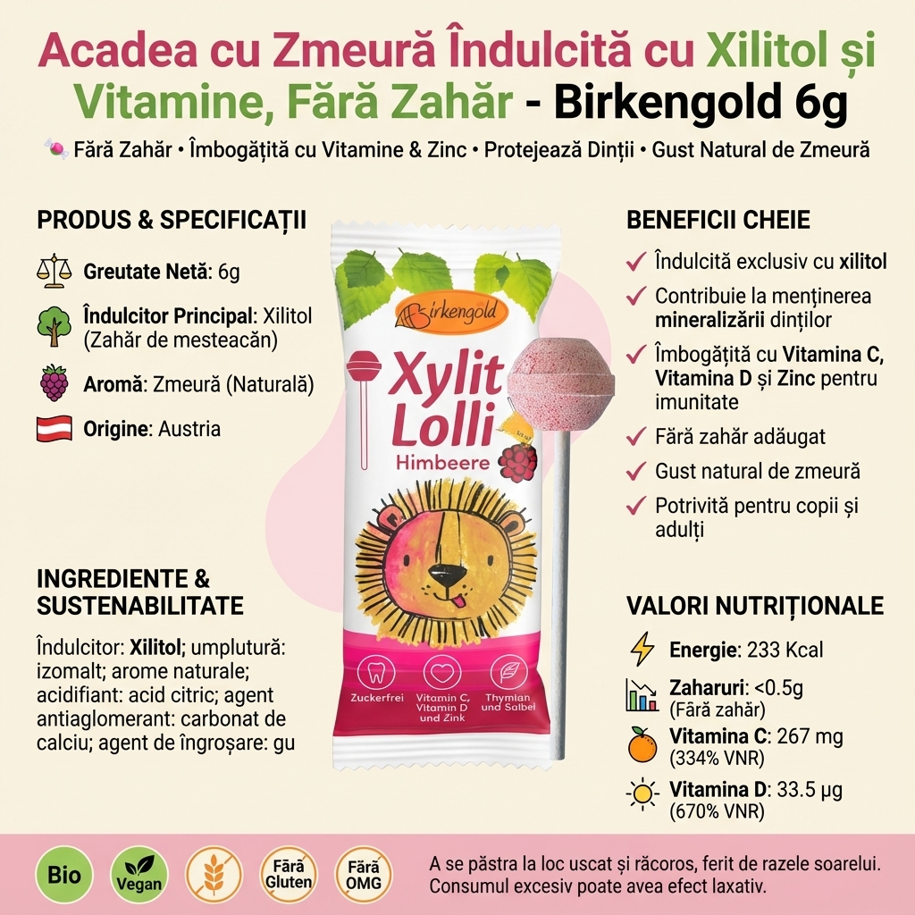 Acadea cu Zmeură Îndulcită cu Xilitol și Vitamine, Fără Zahăr - Birkengold 6g 4