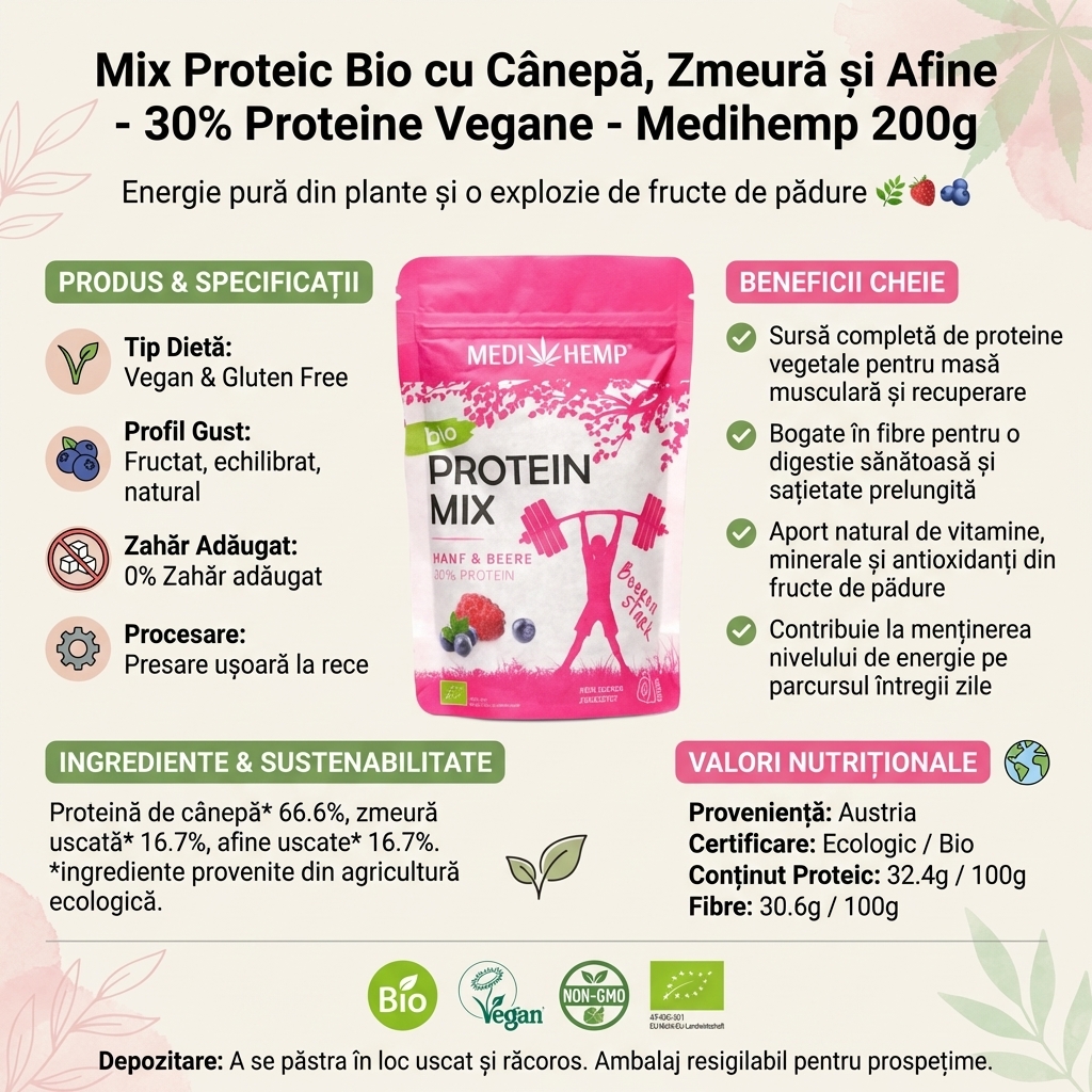 Mix Proteic Bio cu Cânepă, Zmeură și Afine - 30% Proteine Vegane - Medihemp 200g 4