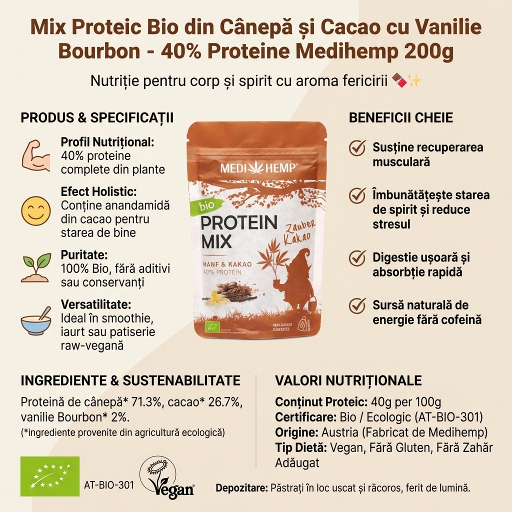 Mix Proteic Bio din Cânepă și Cacao cu Vanilie Bourbon - 40% Proteine Medihemp 200g 4