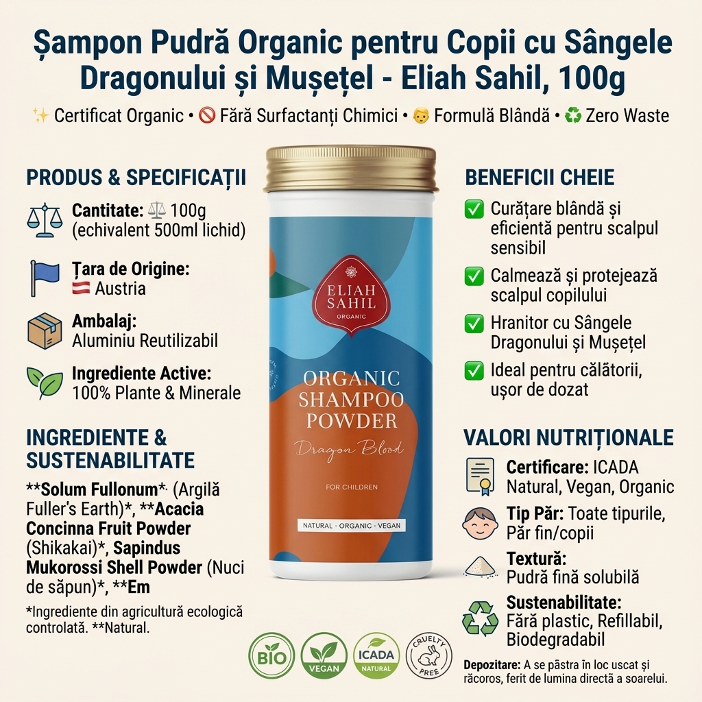Șampon Pudră Organic pentru Copii cu Sângele Dragonului și Mușețel - Eliah Sahil, 100g 4