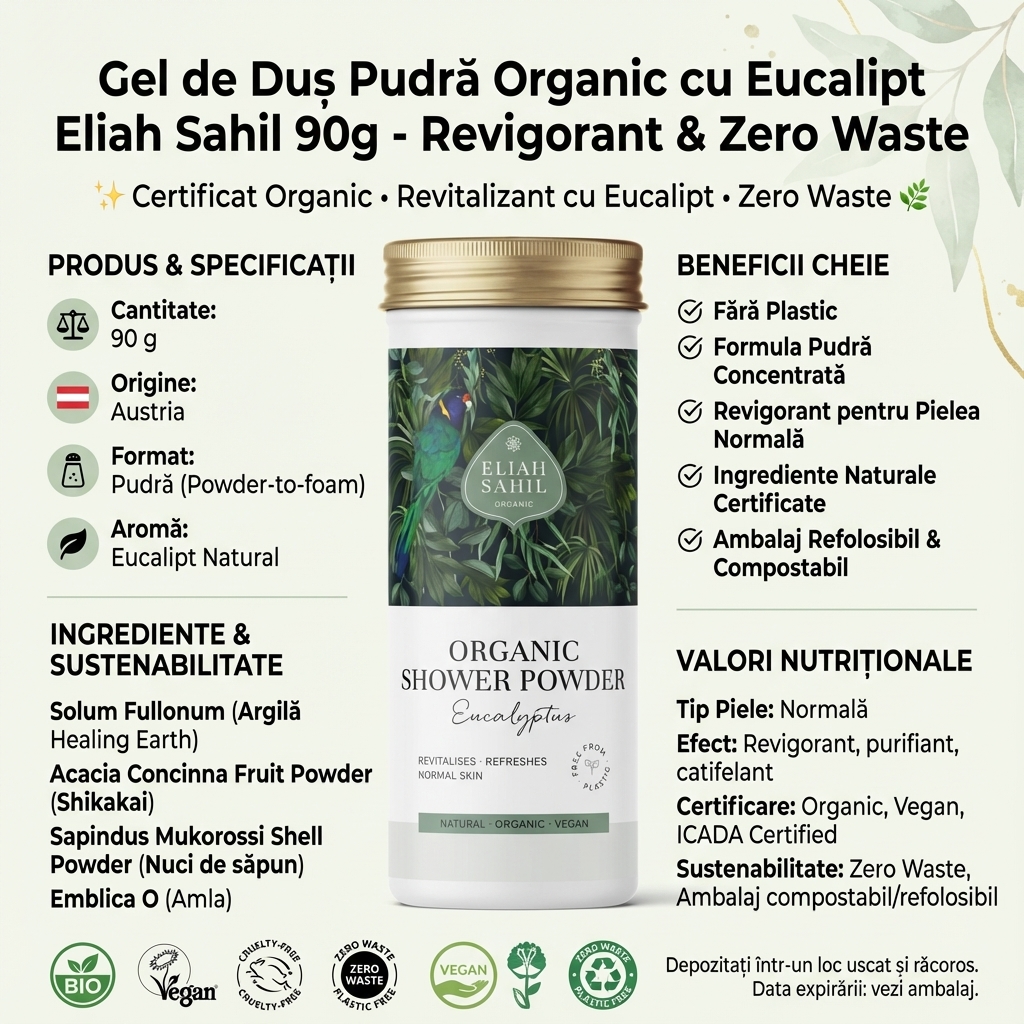 Gel de Duș Pudră Organic cu Eucalipt Eliah Sahil 90g - Revigorant & Zero Waste 4