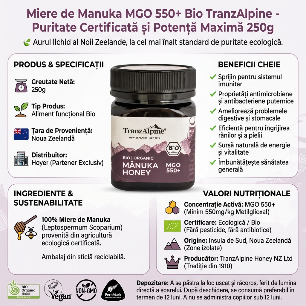 Miere de Manuka MGO 550+ Bio TranzAlpine - Puritate Certificată și Potență Maximă 250g 4