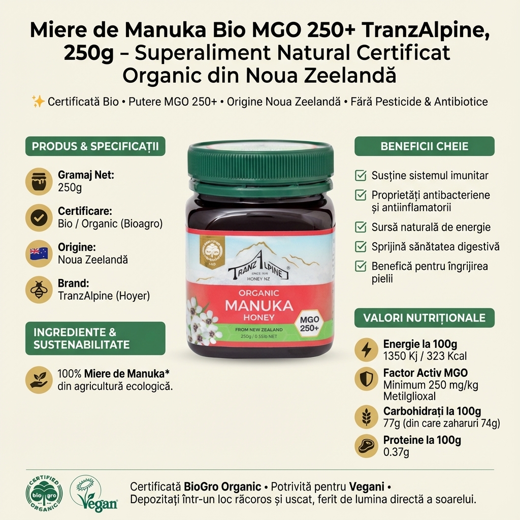 Miere de Manuka Bio MGO 250+ TranzAlpine, 250g - Superaliment Natural Certificat Organic din Noua Zeelandă 4