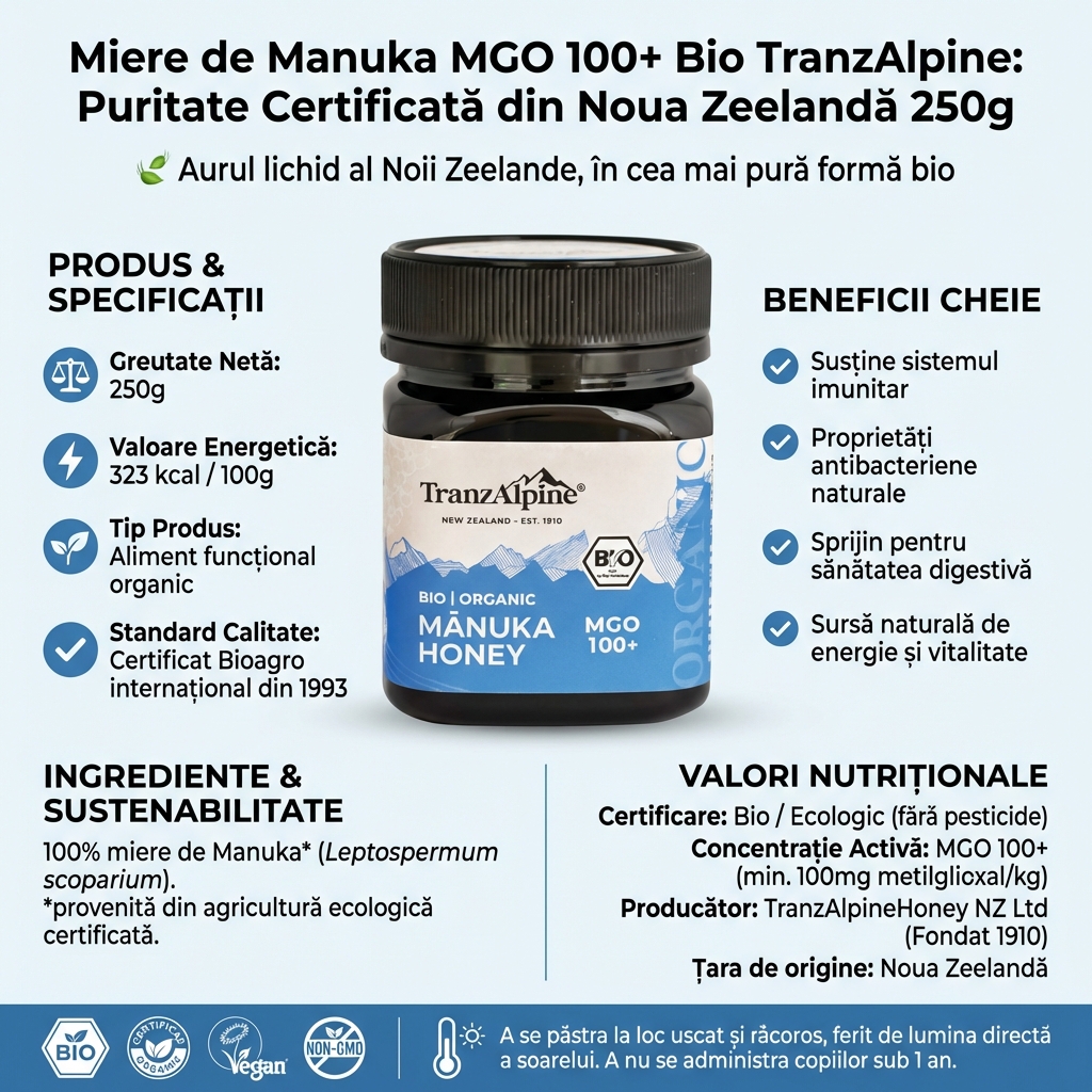 Miere de Manuka MGO 100+ Bio TranzAlpine: Puritate Certificată din Noua Zeelandă 250g 4
