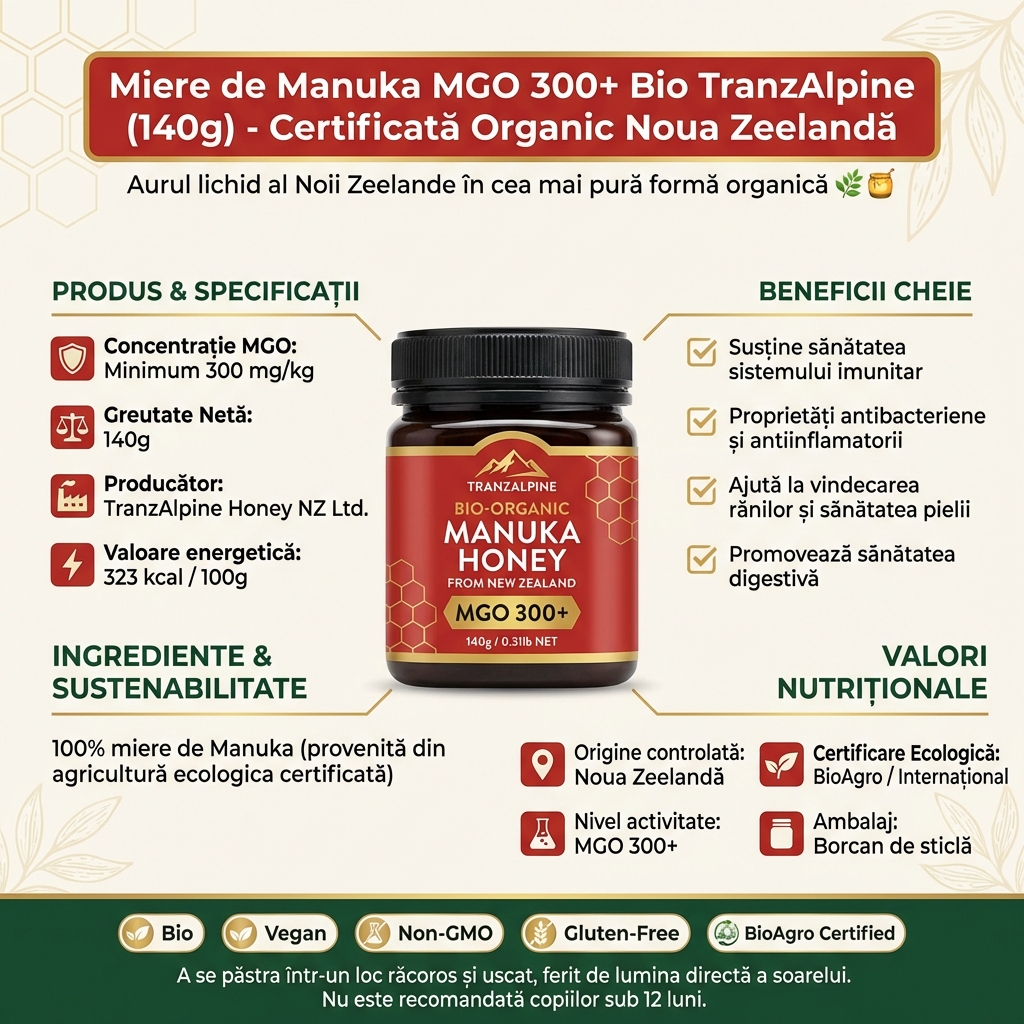 Miere de Manuka MGO 300+ Bio TranzAlpine (140g) - Certificată Organic Noua Zeelandă 4