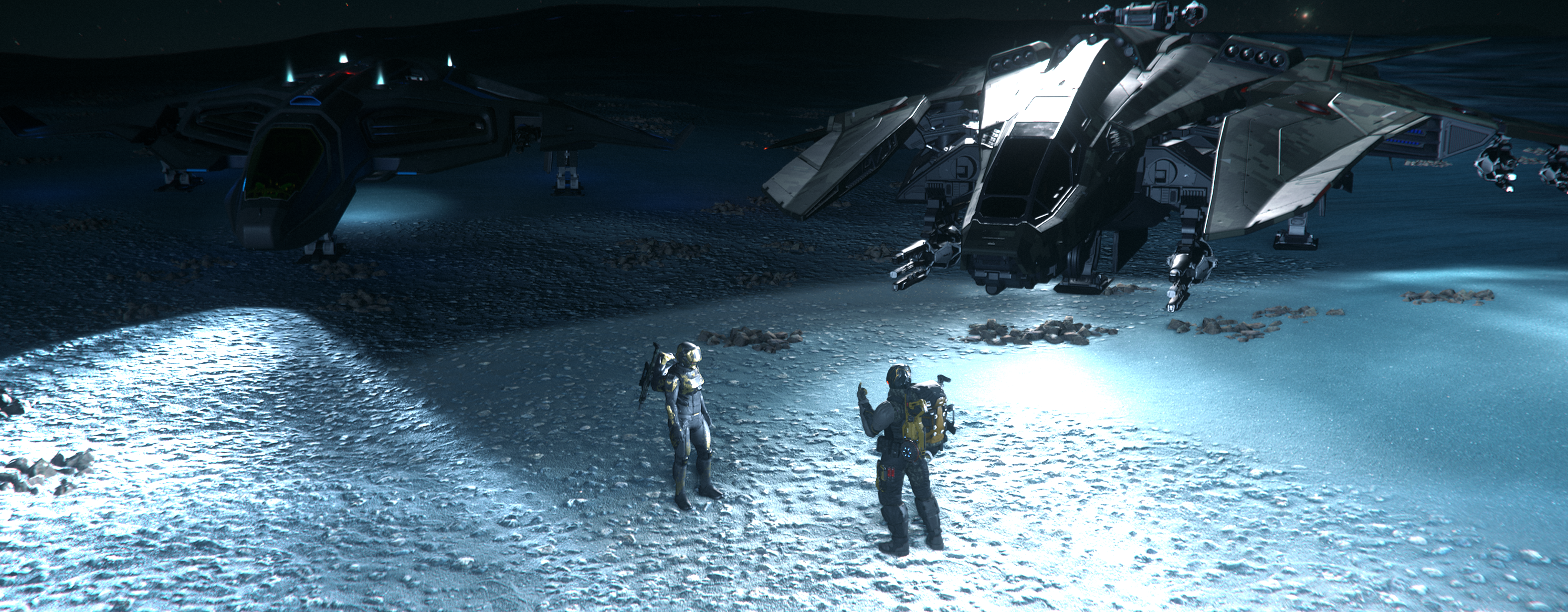 A diverse group of spaceship pilots standing together in a hangar.