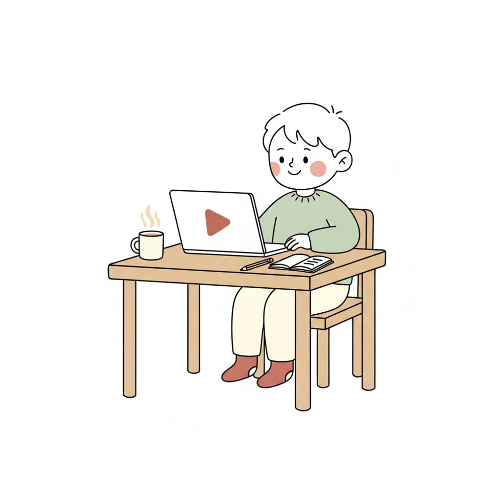 孩子在家裡書桌前，看著筆電上的課堂錄影補課，桌上放著攤開的筆記本與鉛筆