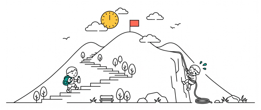 同一座山：左邊孩子背著背包走階梯上山，右邊孩子在垂直岩壁上辛苦攀爬，山頂插著紅旗