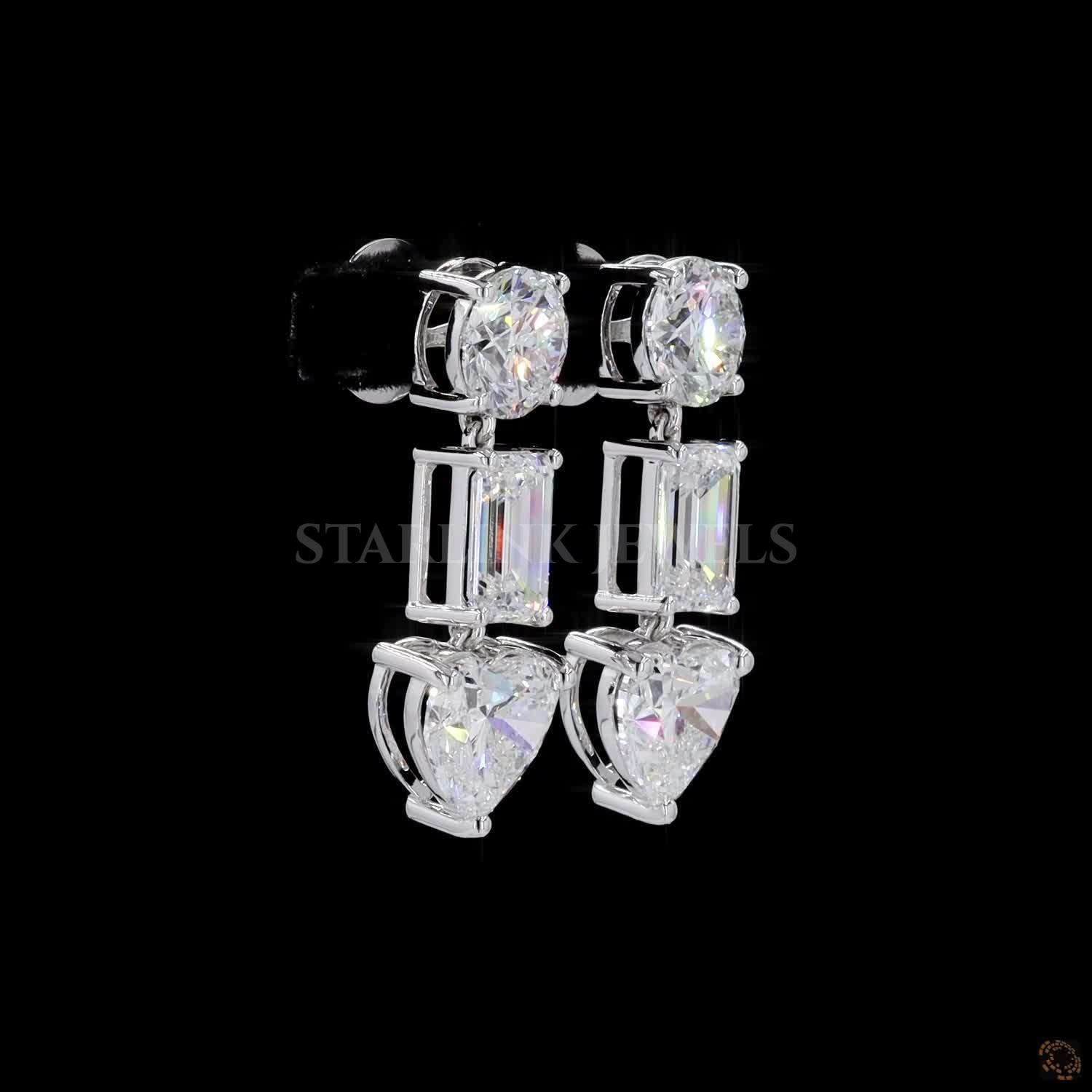 Three-Stone Diamond Drop Earrings with Round, Emerald & Heart Cuts – view 4