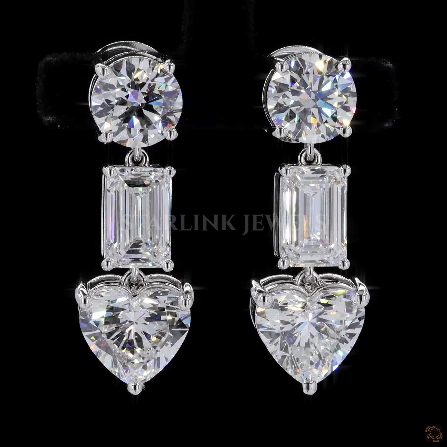 Three-Stone Diamond Drop Earrings with Round, Emerald & Heart Cuts – view 3