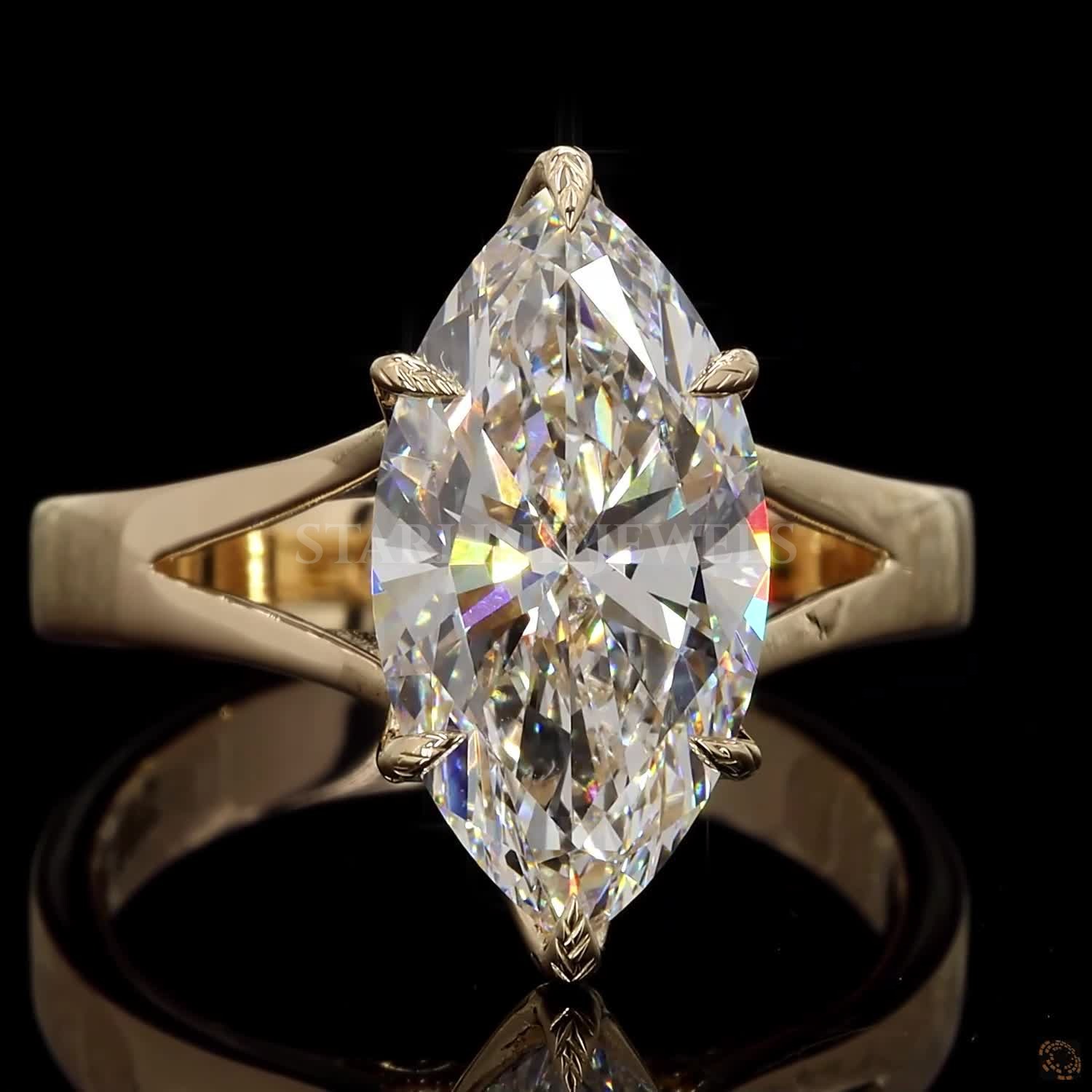 Marquise Cut Diamond Solitaire Ring with Leaf Prong Setting – view 3