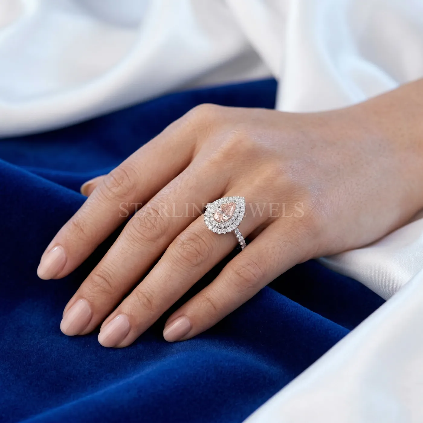 Pink Pear Diamond Halo Ring – view 2