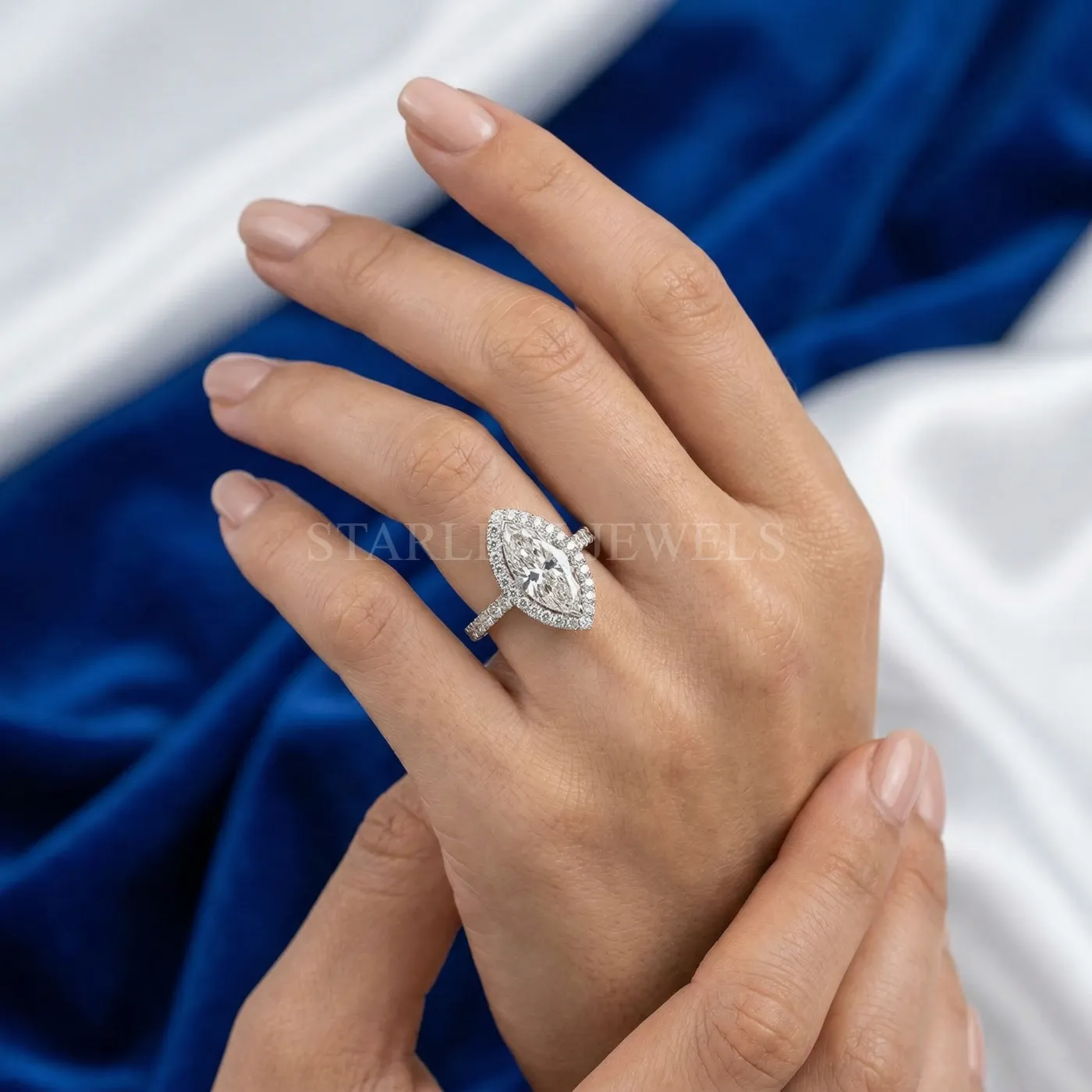 Marquise Cut Halo Diamond Ring – view 2