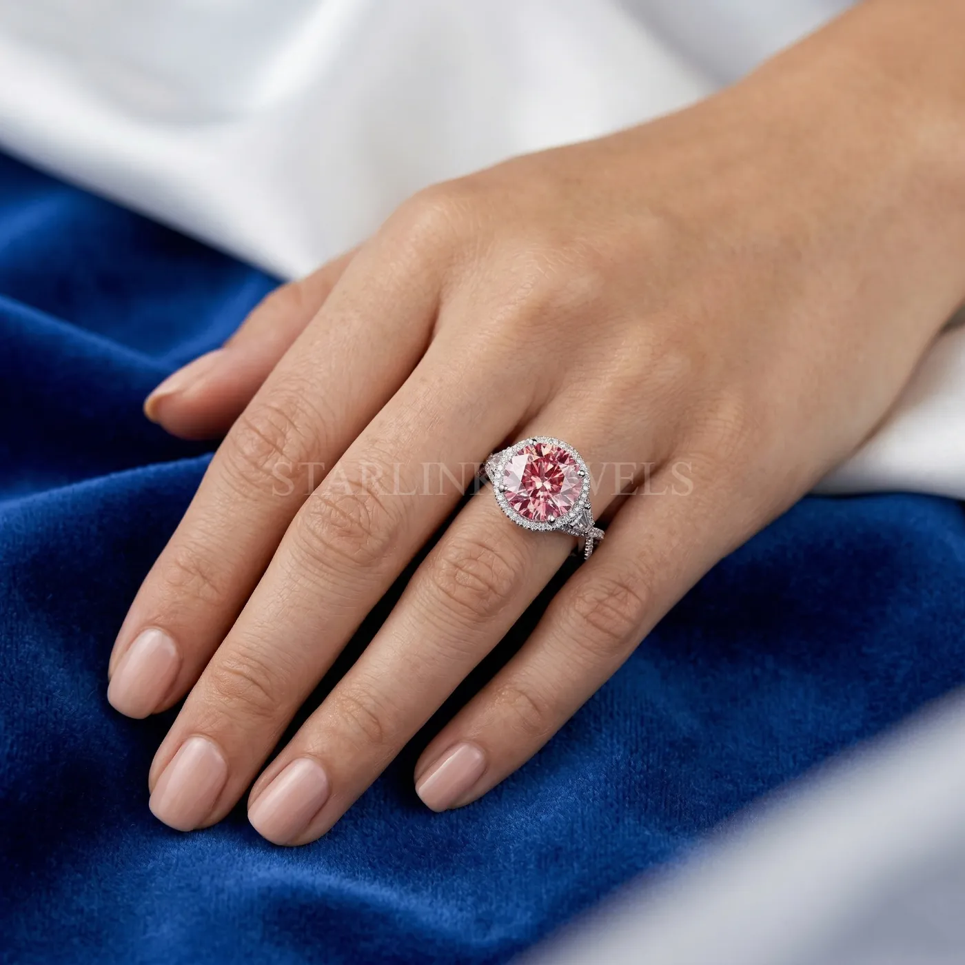 Pink Round Diamond Halo Ring – view 2