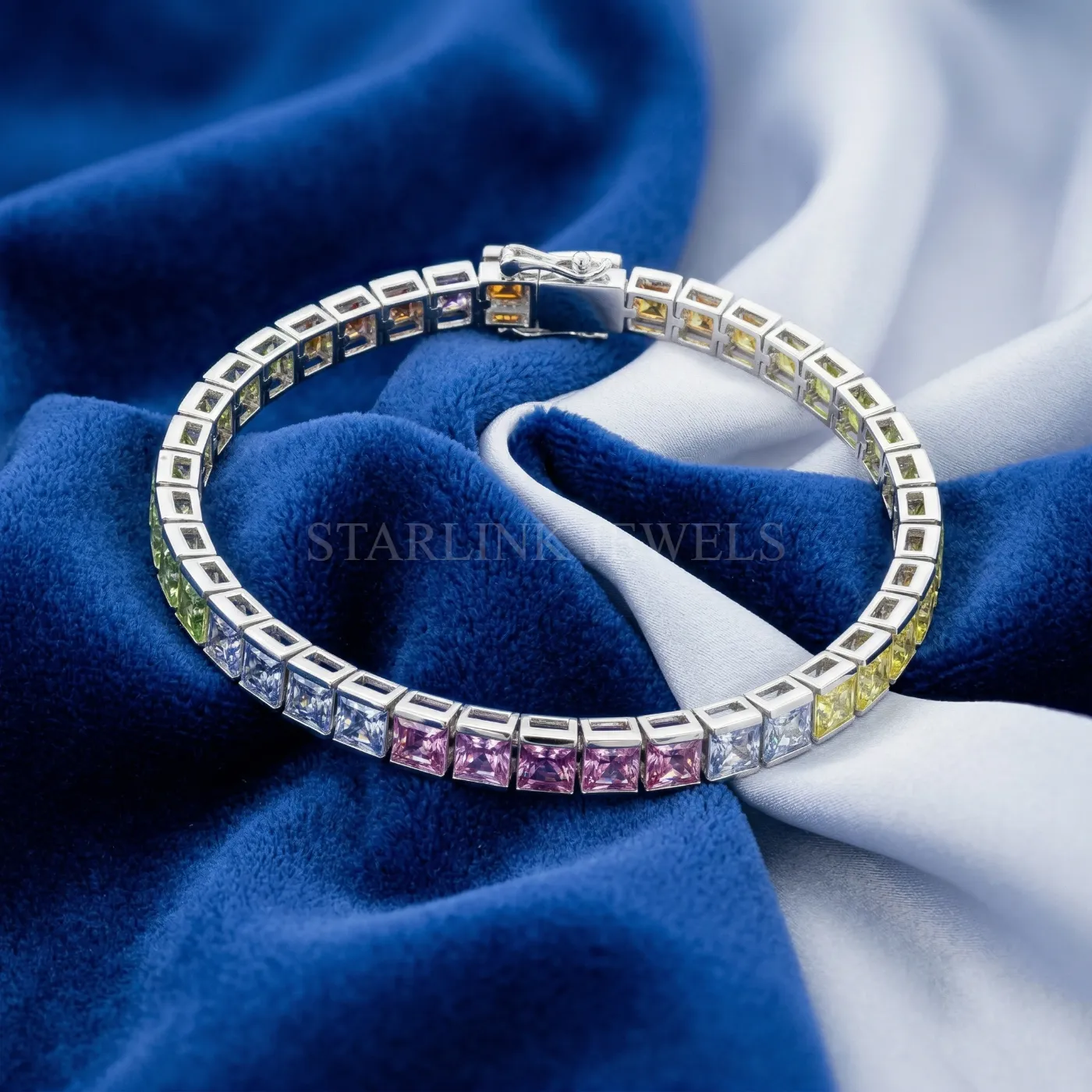 Royal Spectrum Rainbow Princess-Cut Sapphire Tennis Bracelet