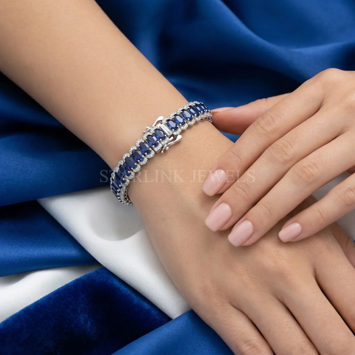 Royal Blue Oval Sapphire & Diamond Bracelet – view 2
