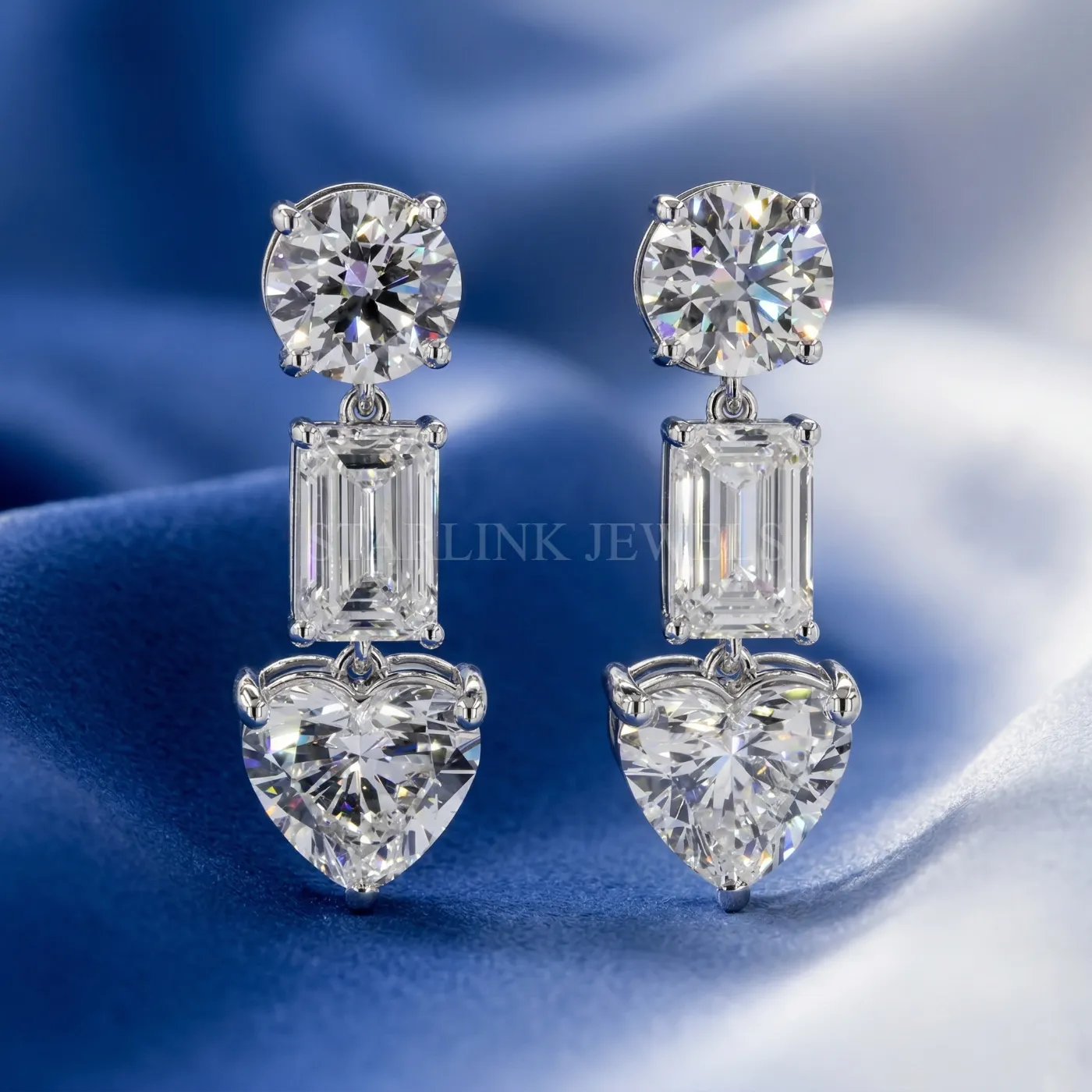 Three-Stone Diamond Drop Earrings with Round, Emerald & Heart Cuts