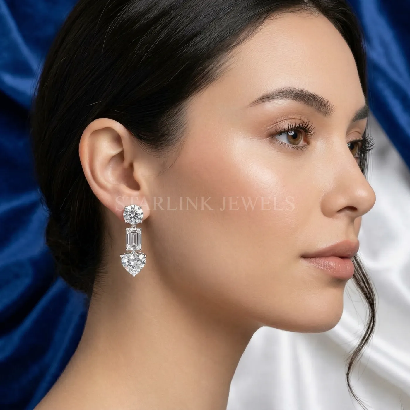 Three-Stone Diamond Drop Earrings with Round, Emerald & Heart Cuts – view 2