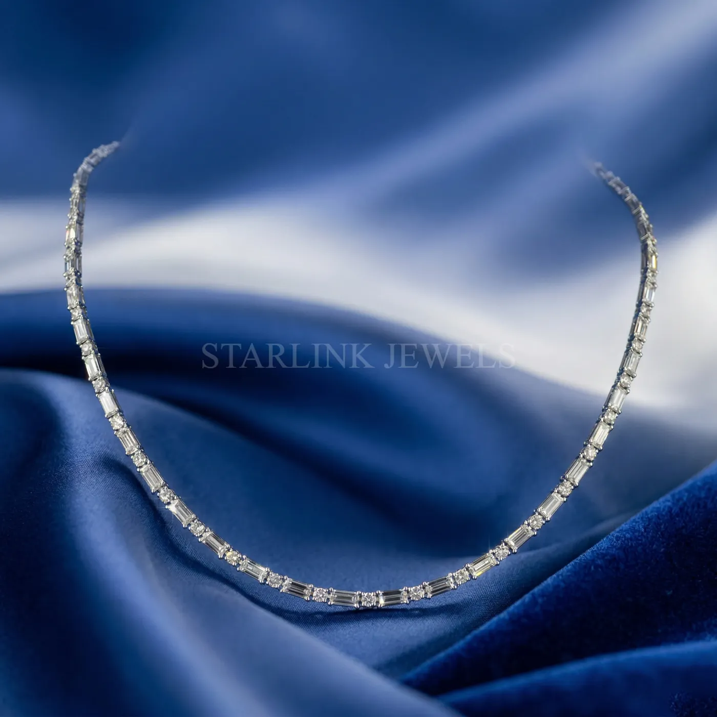 Round & Baguette Diamond Tennis Necklace