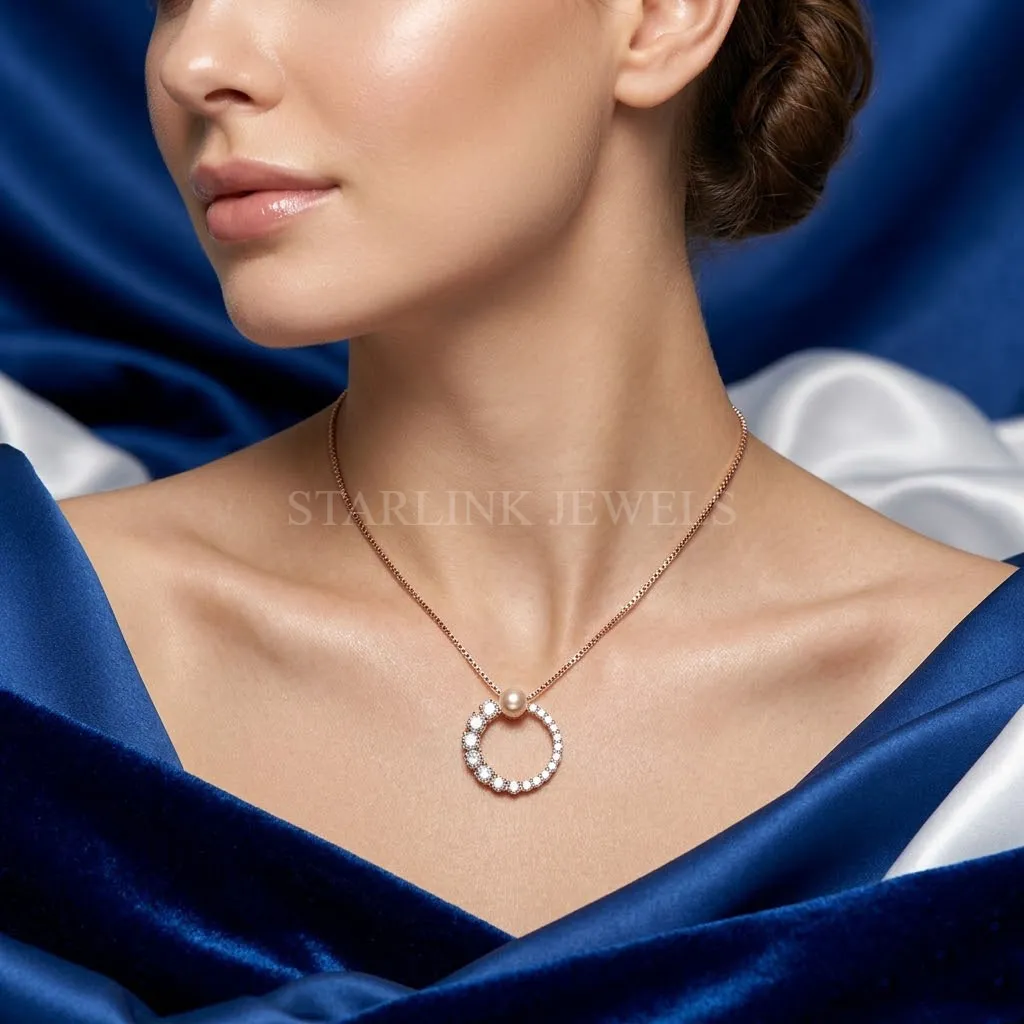 Diamond Circle Pendant with Pearl Accent – view 2