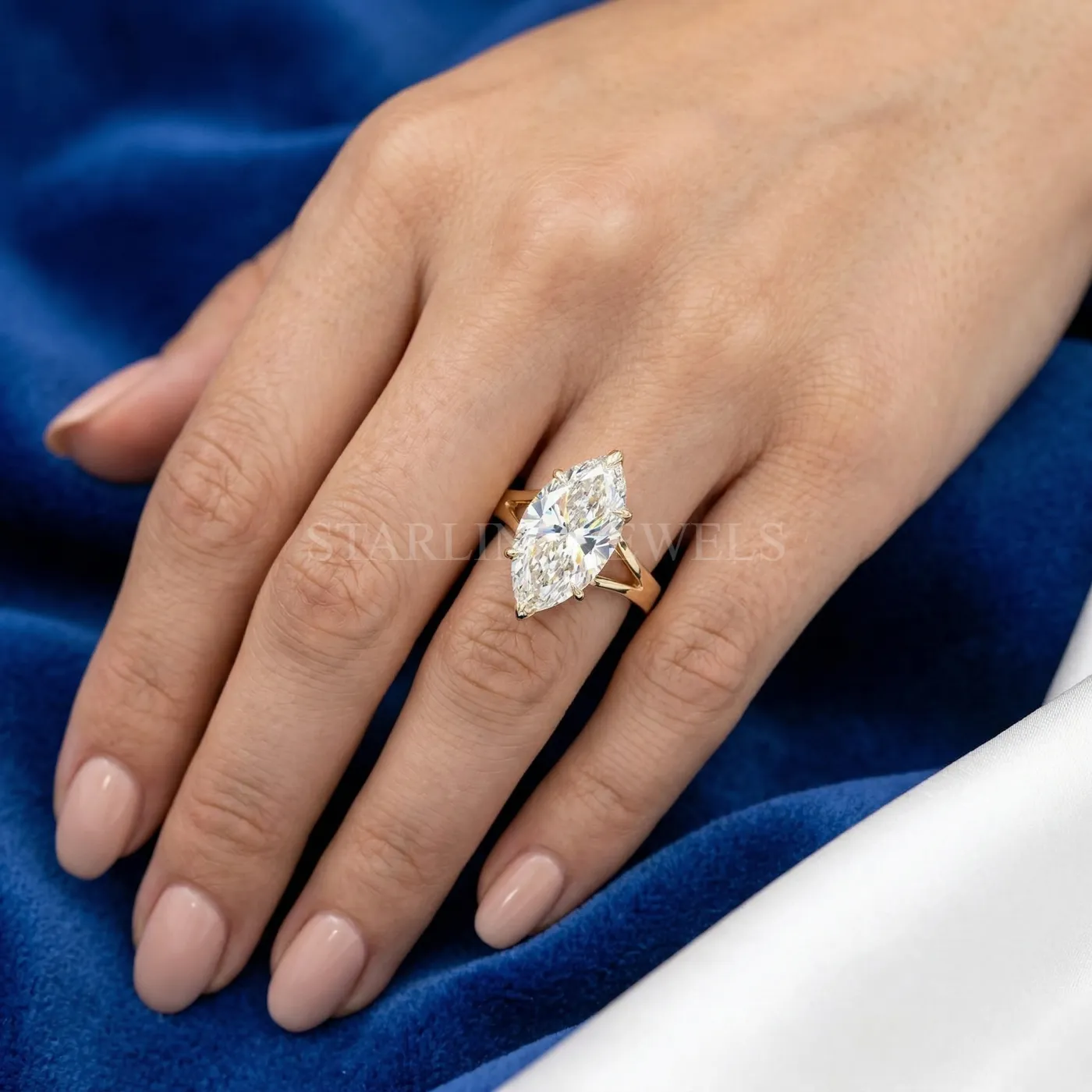 Marquise Cut Diamond Solitaire Ring with Leaf Prong Setting – view 2