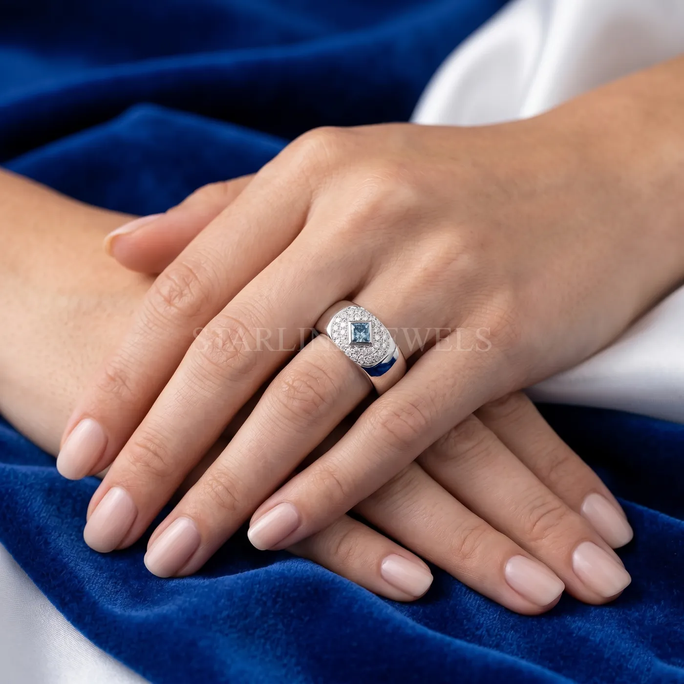 Blue Princess Diamond Signet Ring – view 2