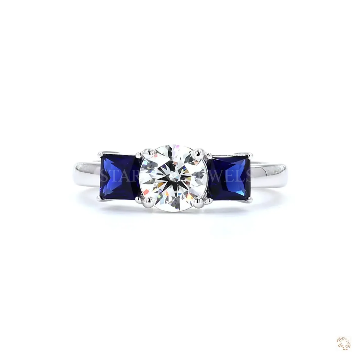 Round Cut Blue Sapphire Three-Stone Diamond Ring – view 3