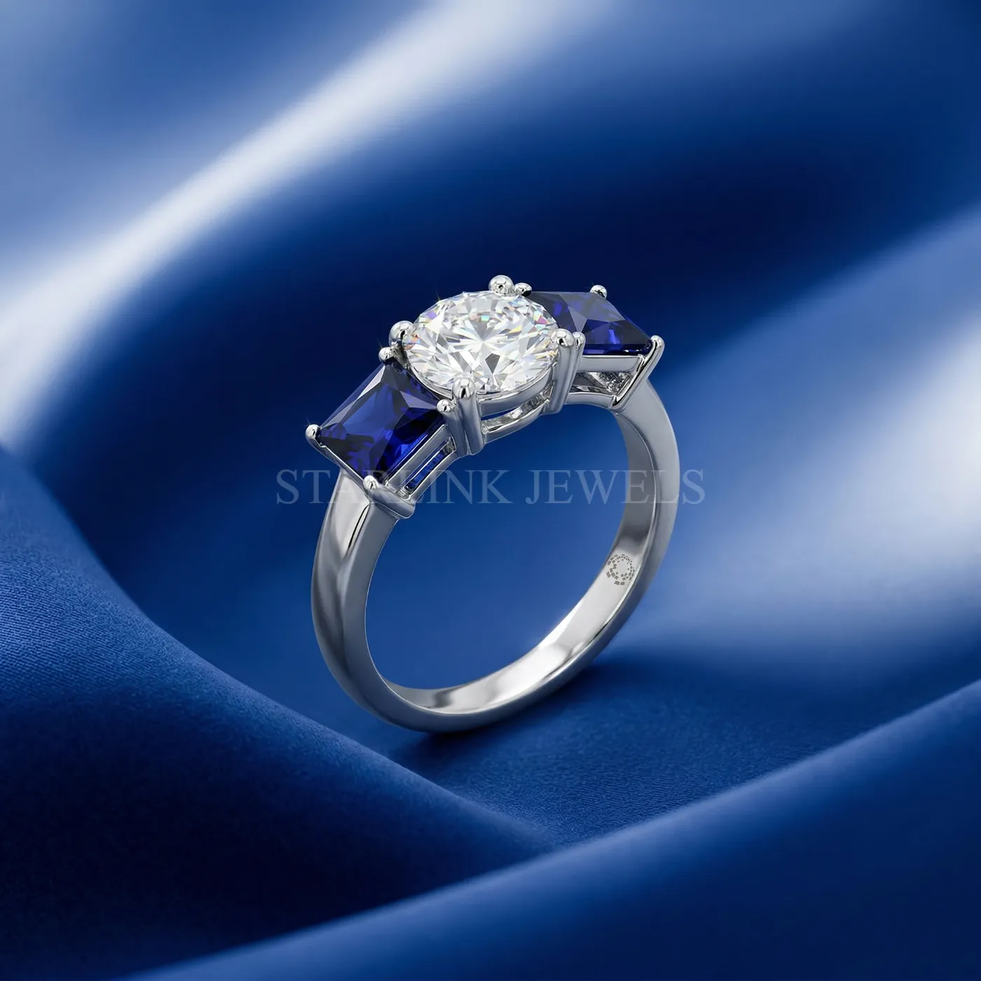 Round Cut Blue Sapphire Three-Stone Diamond Ring