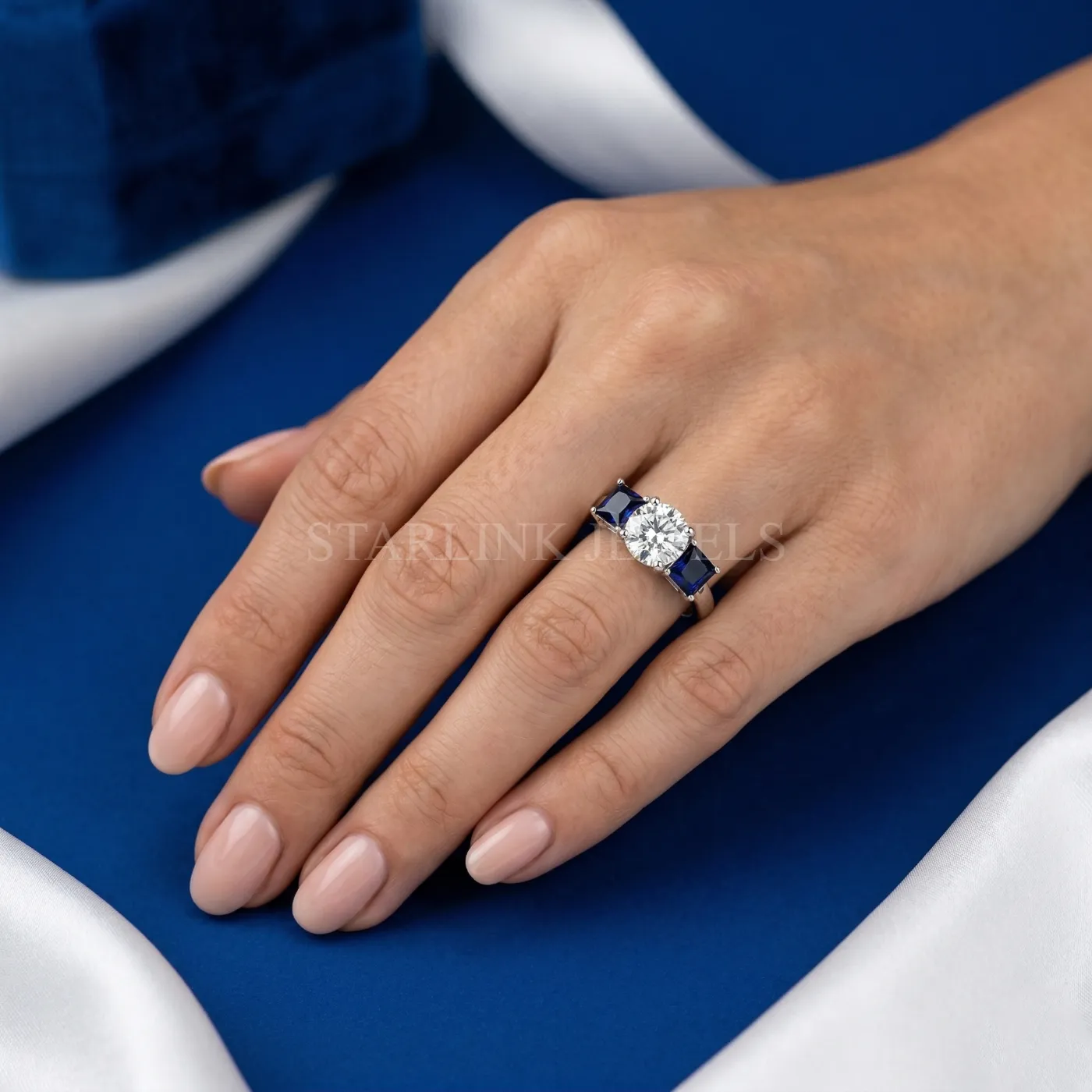 Round Cut Blue Sapphire Three-Stone Diamond Ring – view 2