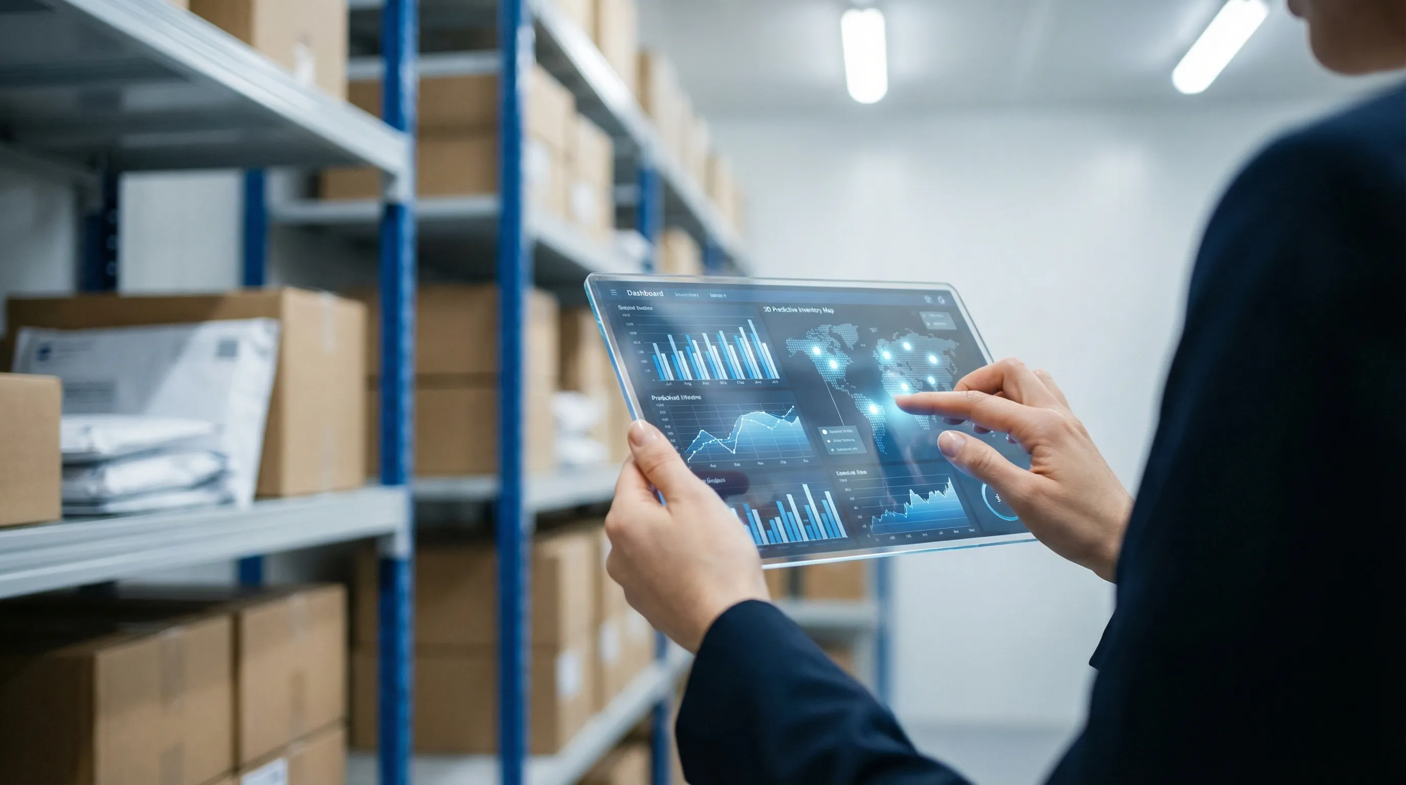 E-ticaret otomasyonu için veri odaklı satışları gösteren bir yönetici, modern bir depoda şeffaf tabletteki yapay zeka analizlerini inceliyor.